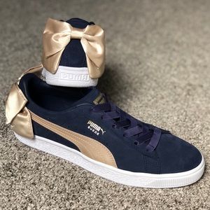 Puma Suede Navy Blue and Gold Bow Accent Sneakers